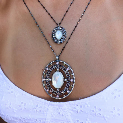 MOTHER OF PEARL CAT'S EYE AND CZ MEDALLION (Stock)