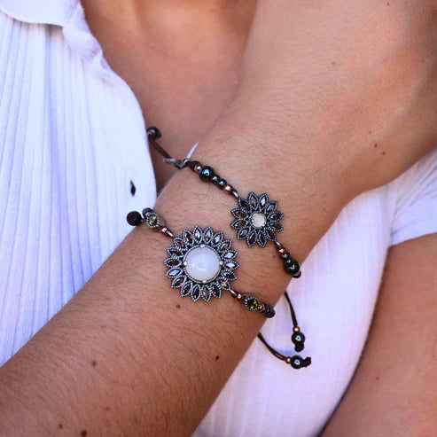 PULSERA FLOR PIEDRA LUNA Y BROWN (Stock)