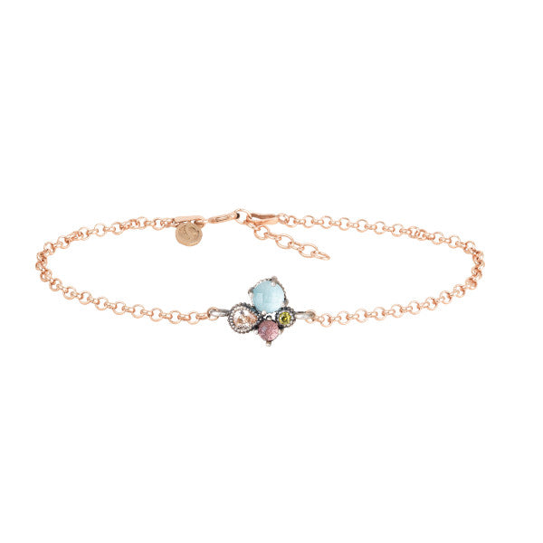 PULSERA CALCEDONIA, TURMALINA ROSA, CIRCONITA PERIDOTO Y CAVA +