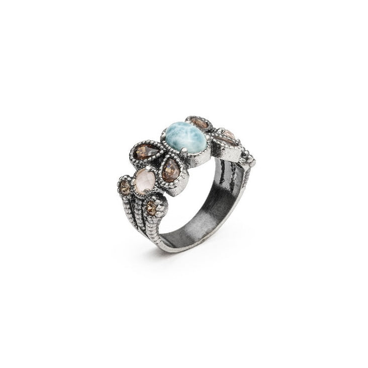 Bague Corail Larimar et Zircons Marrons