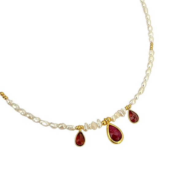 GOLD PLATED RUBY RICE PEARL NECKLACE