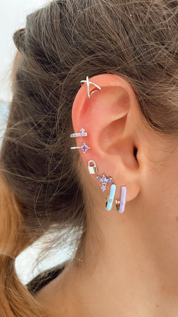 Triple Lilac Flower Mini Cz Earrings