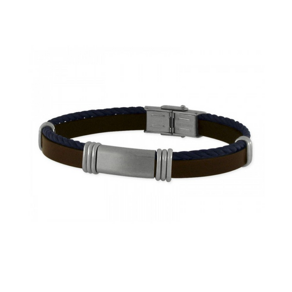 BLUE BROWN LEATHER AND STEEL BRACELET
