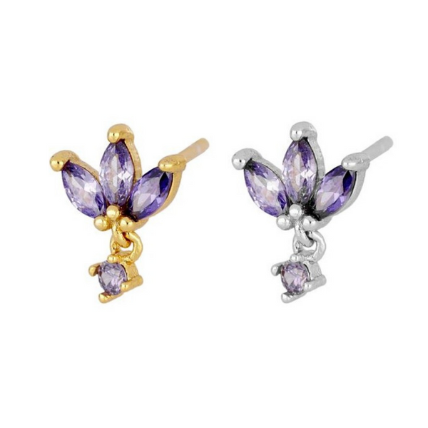 Triple Lilac Flower Mini Cz Earrings