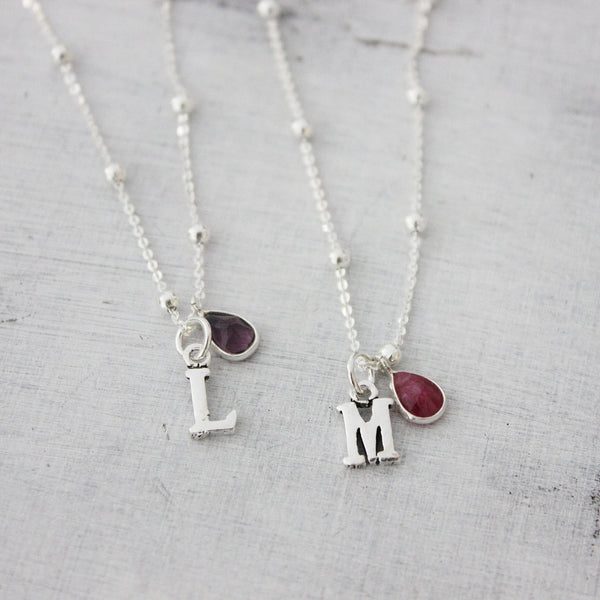 INITIAL AND TEAR NECKLACE STERLING SILVER