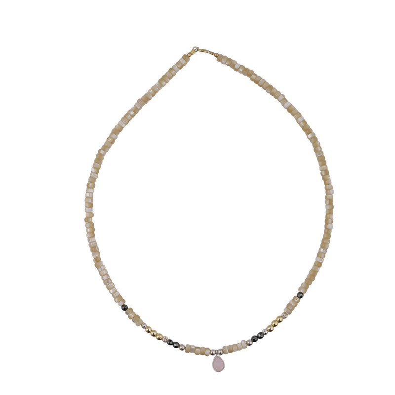 GRAY MOTHER OF PEARL NECKLACE WITH ROSE QUARTZ