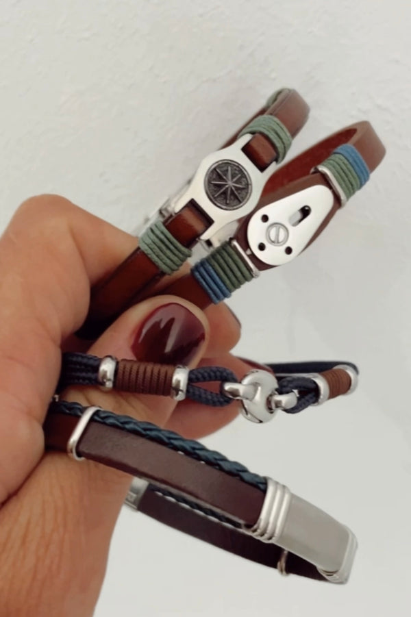 BLUE BROWN LEATHER AND STEEL BRACELET