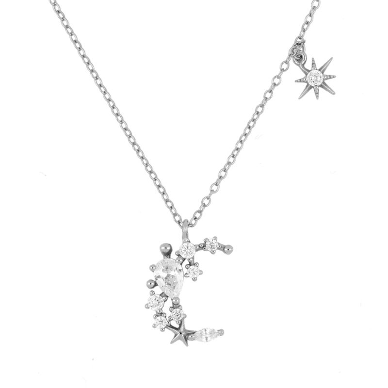 Moon and Star Necklace with Zirconia Sterling Silver