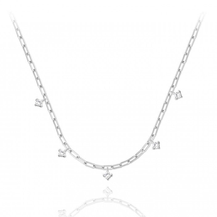 Long Link Necklace Five White Zircons in Sterling Silver