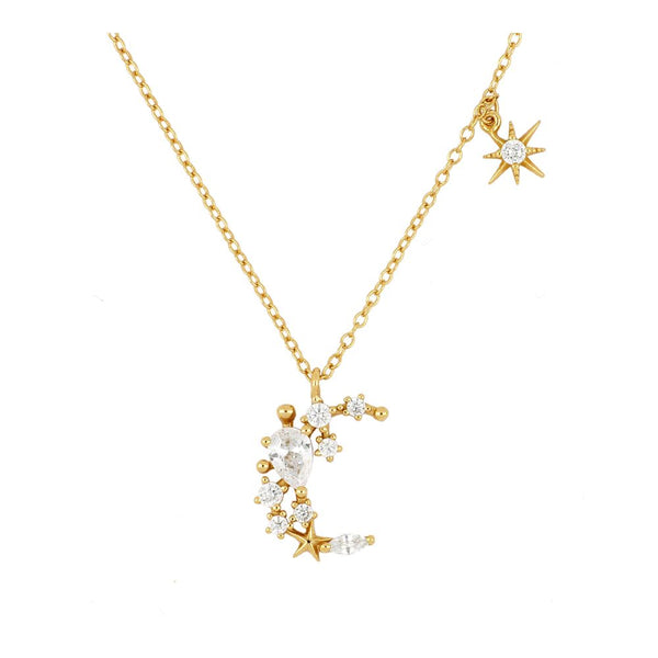 Moon and Star Necklace with Gold Plated Zircons