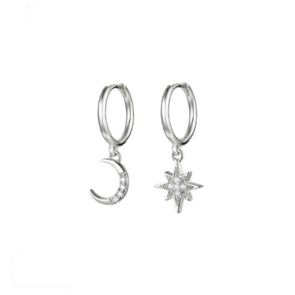 Silver White Cz Moon and Star Earrings