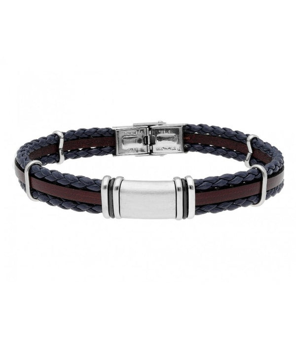 BLUE BROWN AND STEEL LEATHER BRACELET